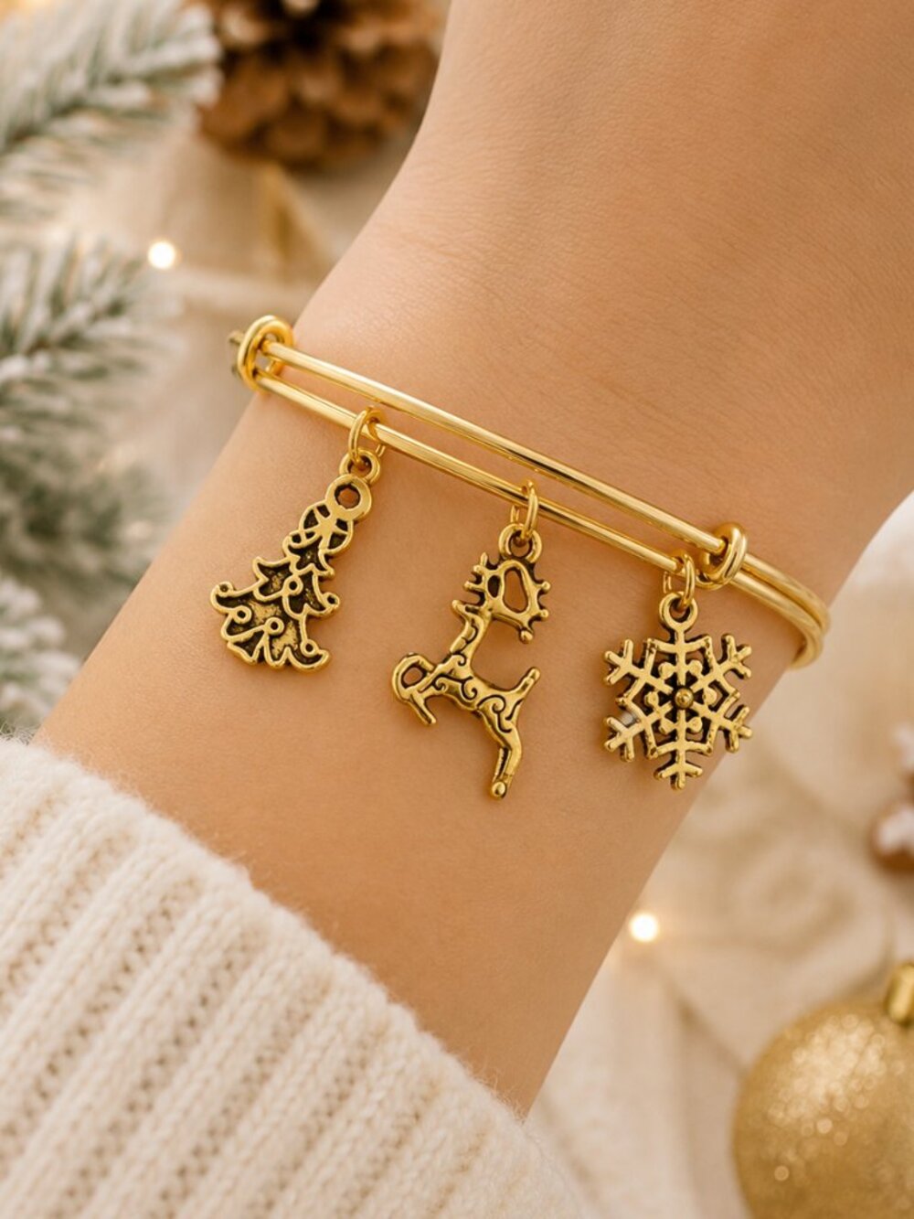 Gold Christmas Charm Bangle Bracelet Reindeer Snowflake Tree